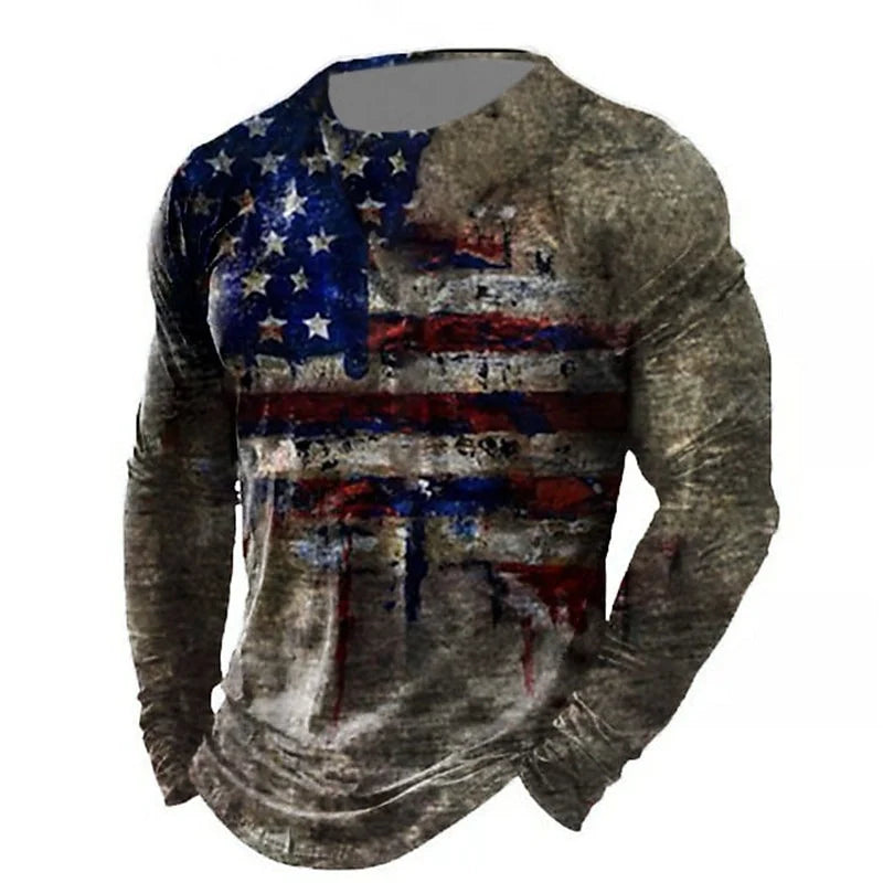 Men's 3D Digital Printed American Flag Long-Sleeved Casual T-Shirt