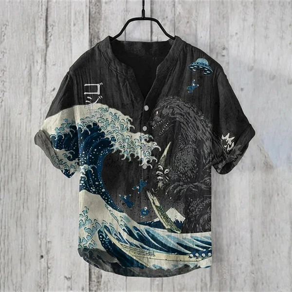 The Great Waves & Godzilla Japanese Art Print Henry Collar Shirt