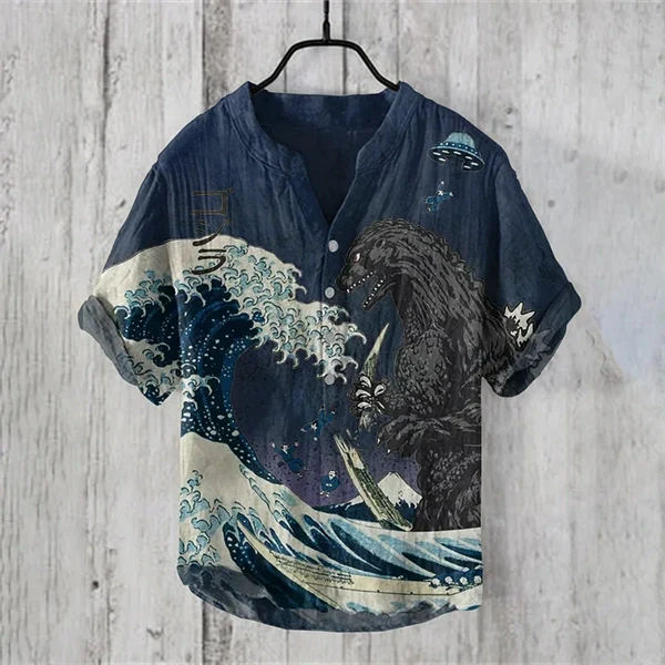 The Great Waves & Godzilla Japanese Art Print Henry Collar Shirt