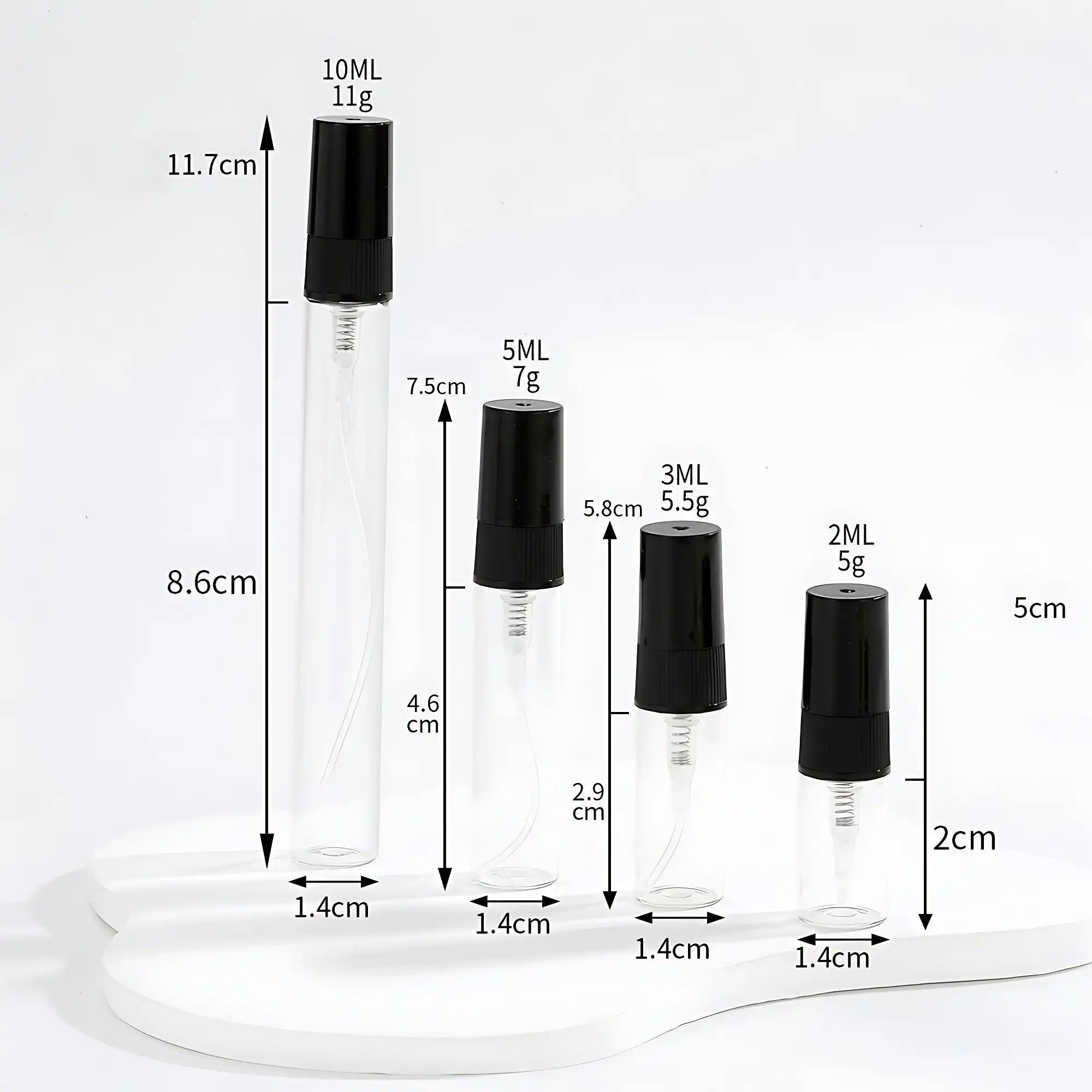 Travel-Size Glass Perfume Atomizer Bottles (2ml, 3ml, 5ml, 10ml) - Clear Cylinder Refillable Spray for Essential Oils