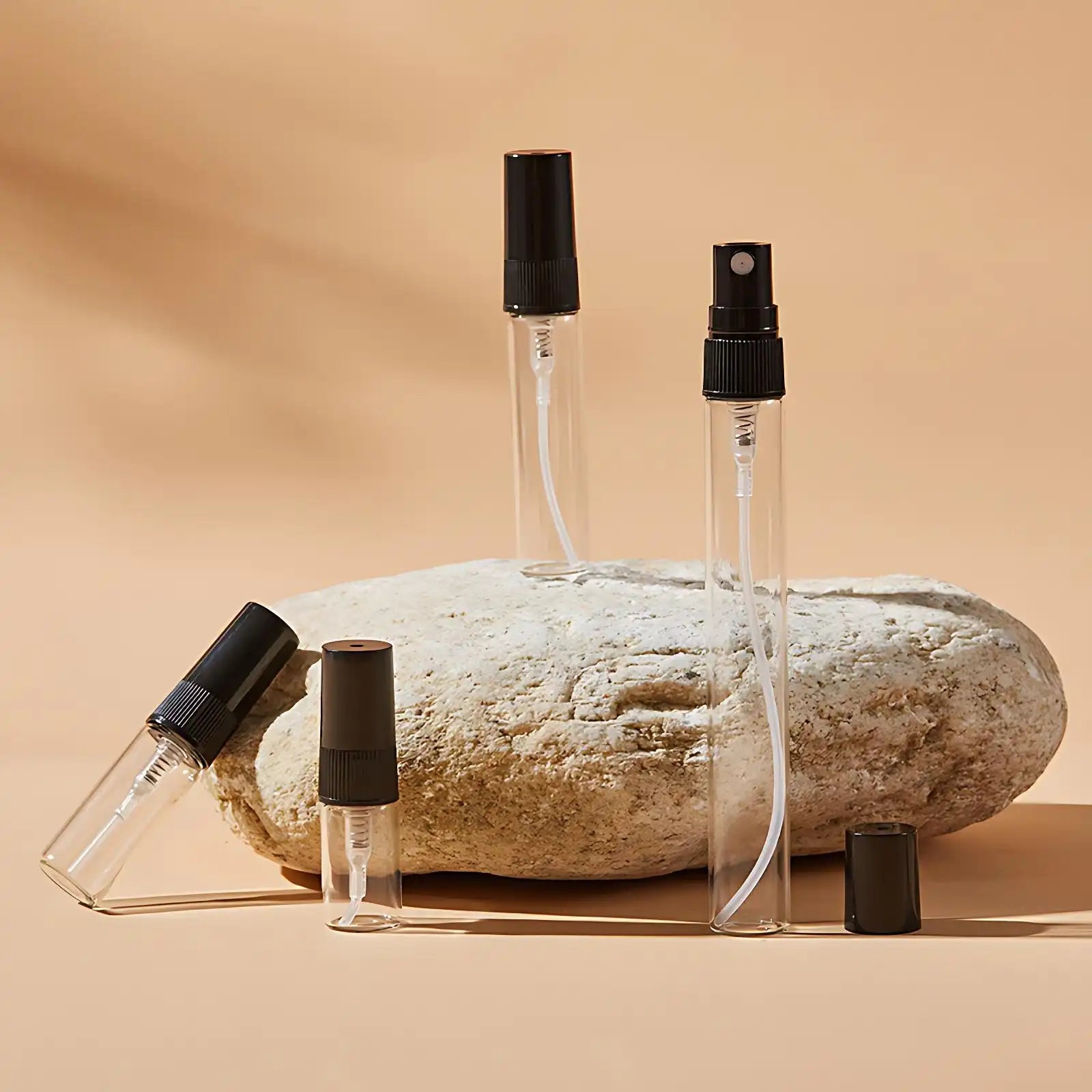 Travel-Size Glass Perfume Atomizer Bottles (2ml, 3ml, 5ml, 10ml) - Clear Cylinder Refillable Spray for Essential Oils