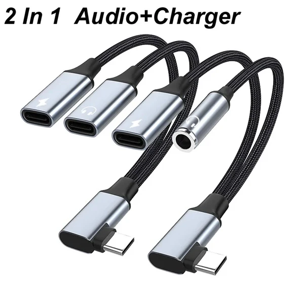 2-in-1 90° USB-C to 3.5mm Audio Adapter with 60W Charging – Headphone, Microphone, and OTG Data Cable