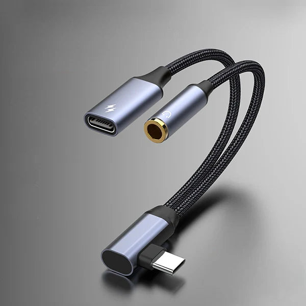 2-in-1 90° USB-C to 3.5mm Audio Adapter with 60W Charging – Headphone, Microphone, and OTG Data Cable