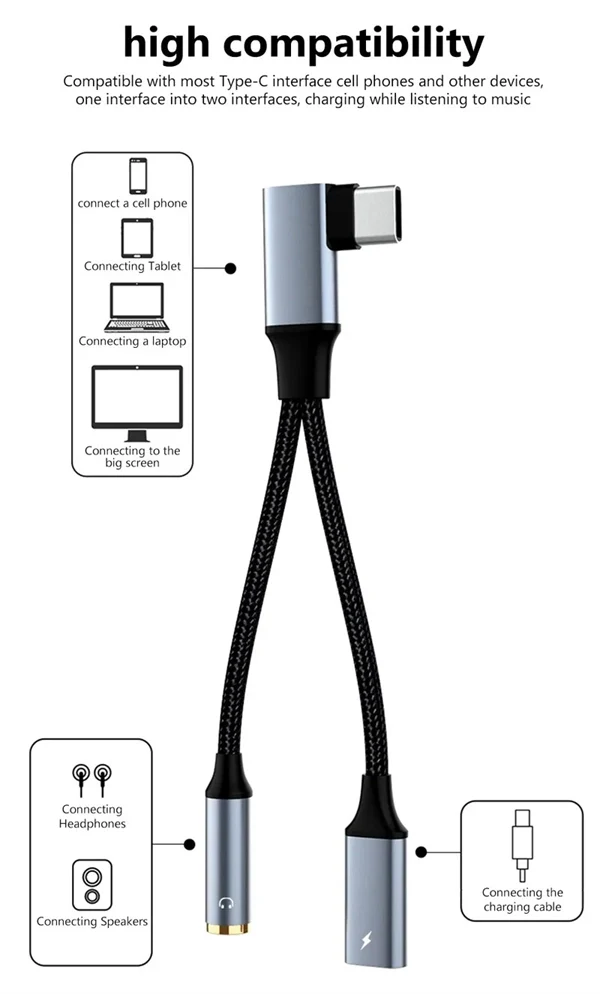 2-in-1 90° USB-C to 3.5mm Audio Adapter with 60W Charging – Headphone, Microphone, and OTG Data Cable