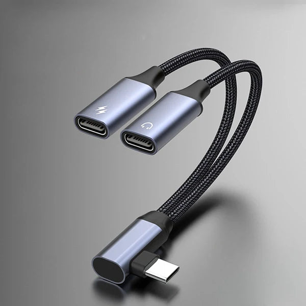 2-in-1 90° USB-C to 3.5mm Audio Adapter with 60W Charging – Headphone, Microphone, and OTG Data Cable