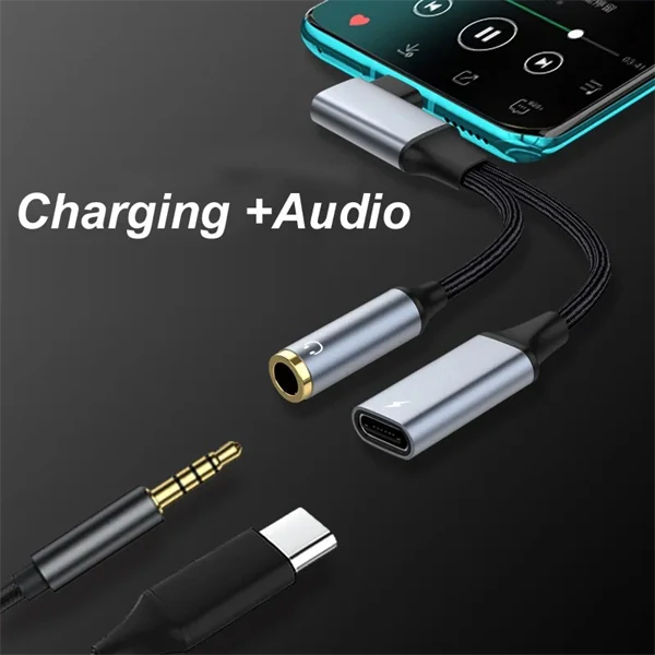 2-in-1 90° USB-C to 3.5mm Audio Adapter with 60W Charging – Headphone, Microphone, and OTG Data Cable