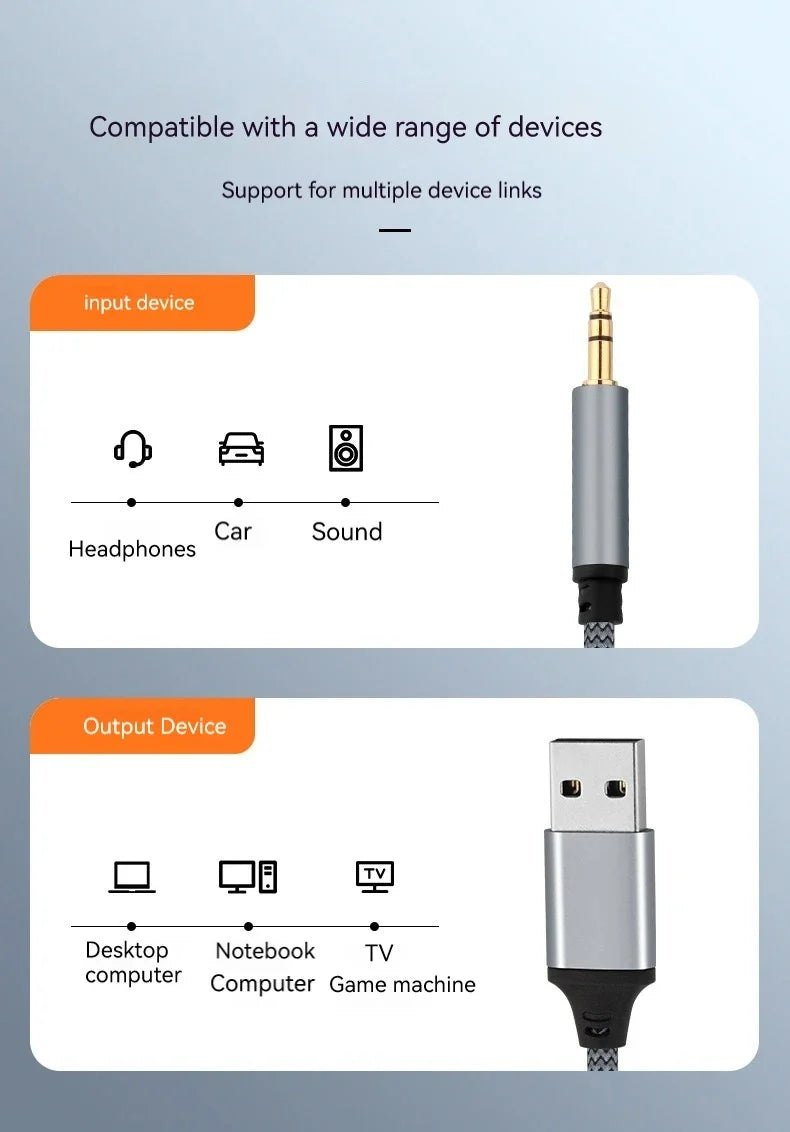 USB to 3.5mm AUX Audio Cable – USB A Male to AUX Jack Adapter for Headphones, Speakers, PC, TV, and Car Stereo