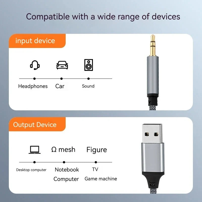 USB to 3.5mm AUX Audio Cable – USB A Male to AUX Jack Adapter for Headphones, Speakers, PC, TV, and Car Stereo