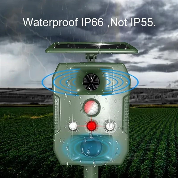 Ultrasonic Solar-Powered Animal Repeller – Infrared Detection, LED Flashing, Adjustable Frequency for Repelling Dogs, Cats, Birds, Raccoons, Mice, Snakes