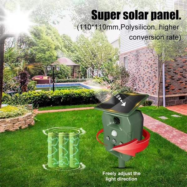 Ultrasonic Solar-Powered Animal Repeller – Infrared Detection, LED Flashing, Adjustable Frequency for Repelling Dogs, Cats, Birds, Raccoons, Mice, Snakes