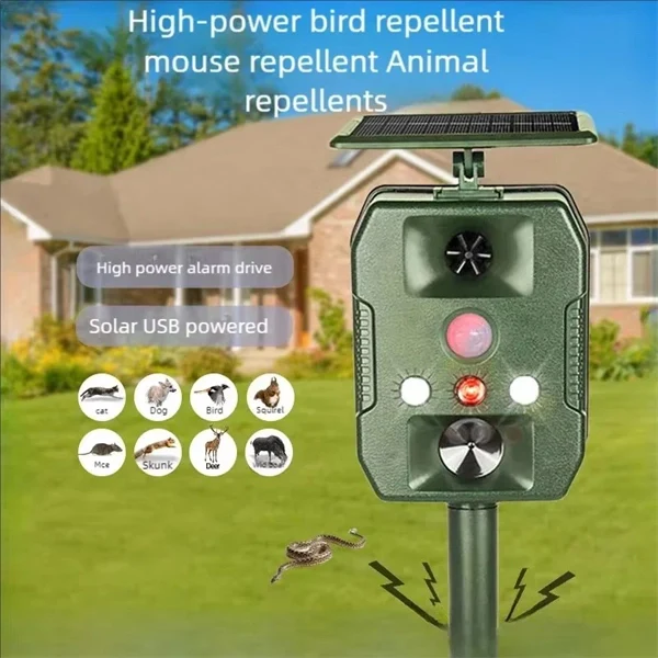 Ultrasonic Solar-Powered Animal Repeller – Infrared Detection, LED Flashing, Adjustable Frequency for Repelling Dogs, Cats, Birds, Raccoons, Mice, Snakes