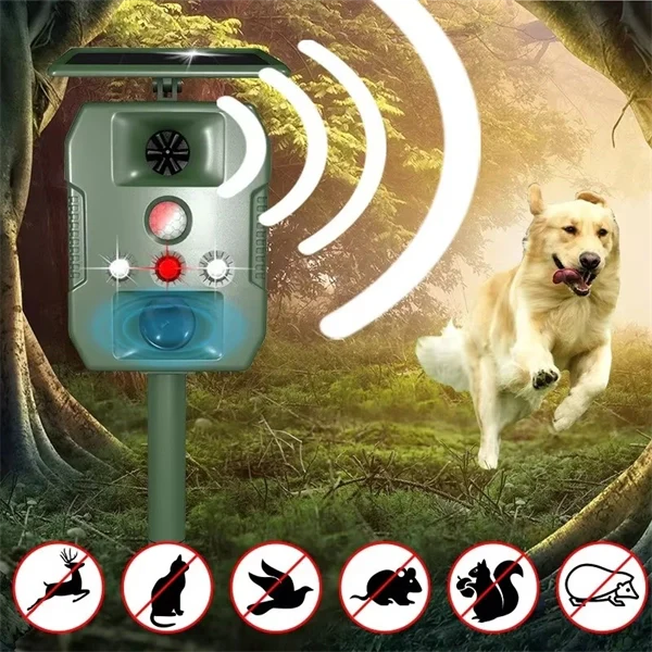 Ultrasonic Solar-Powered Animal Repeller – Infrared Detection, LED Flashing, Adjustable Frequency for Repelling Dogs, Cats, Birds, Raccoons, Mice, Snakes