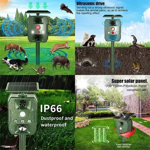 Ultrasonic Solar-Powered Animal Repeller – Infrared Detection, LED Flashing, Adjustable Frequency for Repelling Dogs, Cats, Birds, Raccoons, Mice, Snakes