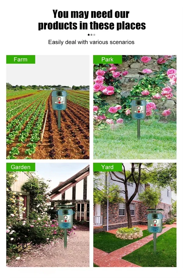 Ultrasonic Solar-Powered Animal Repeller – Infrared Detection, LED Flashing, Adjustable Frequency for Repelling Dogs, Cats, Birds, Raccoons, Mice, Snakes