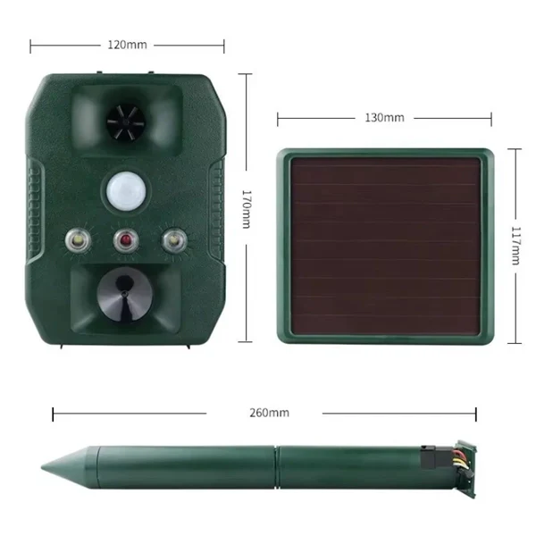 Ultrasonic Solar-Powered Animal Repeller – Infrared Detection, LED Flashing, Adjustable Frequency for Repelling Dogs, Cats, Birds, Raccoons, Mice, Snakes