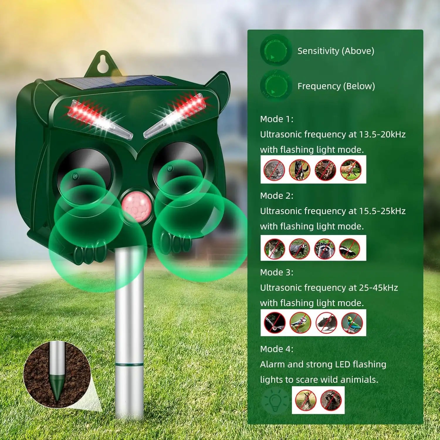 Ultrasonic Solar-Powered Pest Repeller, Waterproof Animal Deterrent for Bears, Wild Boars, Cats, Stray Dogs, Rodents, Crows, Protects Birds & Wildlife