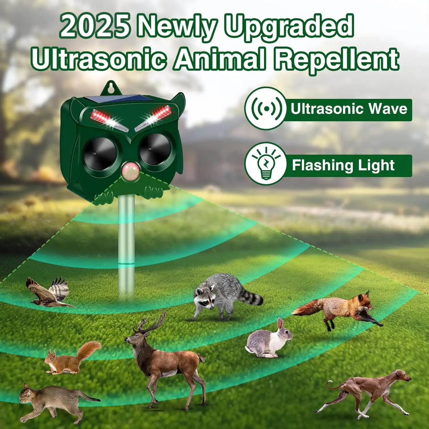 Ultrasonic Solar-Powered Pest Repeller, Waterproof Animal Deterrent for Bears, Wild Boars, Cats, Stray Dogs, Rodents, Crows, Protects Birds & Wildlife