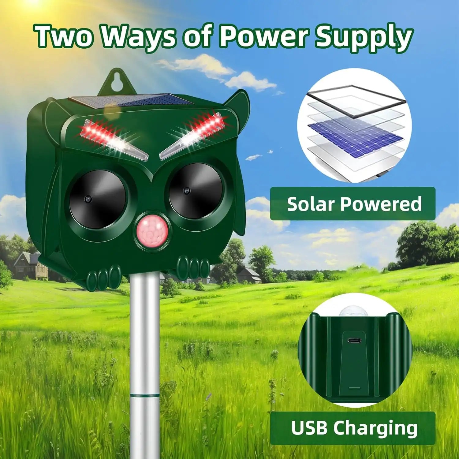 Ultrasonic Solar-Powered Pest Repeller, Waterproof Animal Deterrent for Bears, Wild Boars, Cats, Stray Dogs, Rodents, Crows, Protects Birds & Wildlife