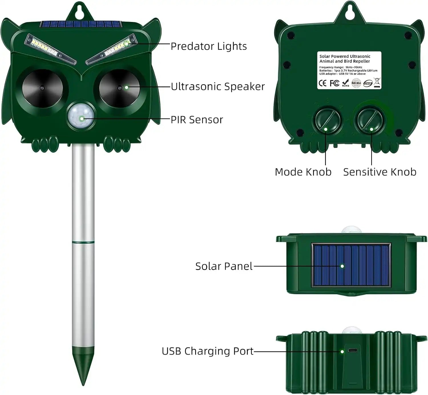 Ultrasonic Solar-Powered Pest Repeller, Waterproof Animal Deterrent for Bears, Wild Boars, Cats, Stray Dogs, Rodents, Crows, Protects Birds & Wildlife