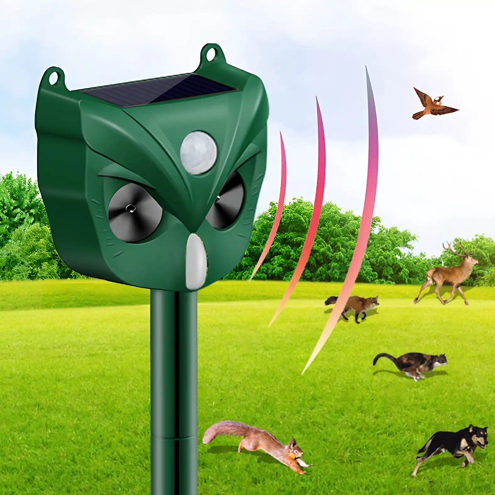 Ultrasonic Solar Yard Animal Repeller with Motion Sensor and Flash Light - For Rodents Squirrel Dogs