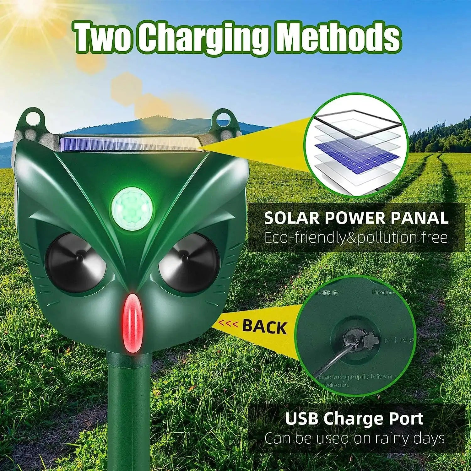 Ultrasonic Solar Yard Animal Repeller with Motion Sensor and Flash Light - For Rodents Squirrel Dogs