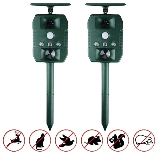 Ultrasonic Solar-Powered Animal Repeller – Infrared Detection, LED Flashing, Adjustable Frequency for Repelling Dogs, Cats, Birds, Raccoons, Mice, Snakes
