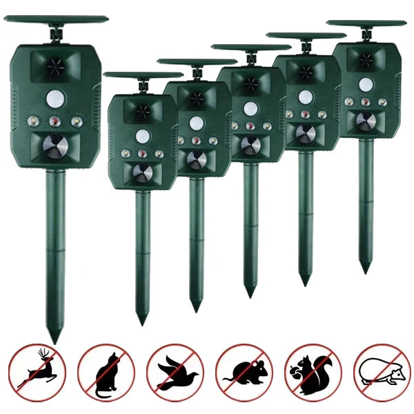 Ultrasonic Solar-Powered Animal Repeller – Infrared Detection, LED Flashing, Adjustable Frequency for Repelling Dogs, Cats, Birds, Raccoons, Mice, Snakes