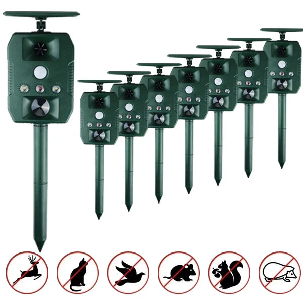Ultrasonic Solar-Powered Animal Repeller – Infrared Detection, LED Flashing, Adjustable Frequency for Repelling Dogs, Cats, Birds, Raccoons, Mice, Snakes