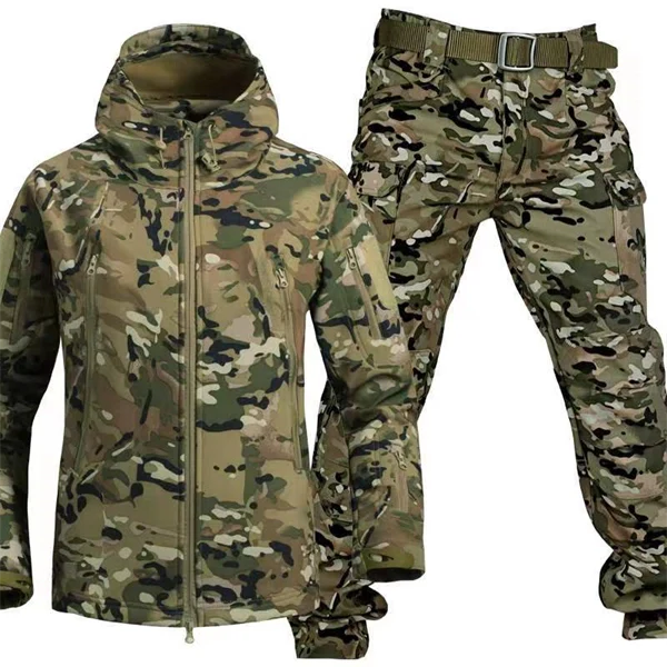 Unisex Winter Outdoor Softshell Set – Plus Size Warm Camo Jacket & Pants for Men & Women