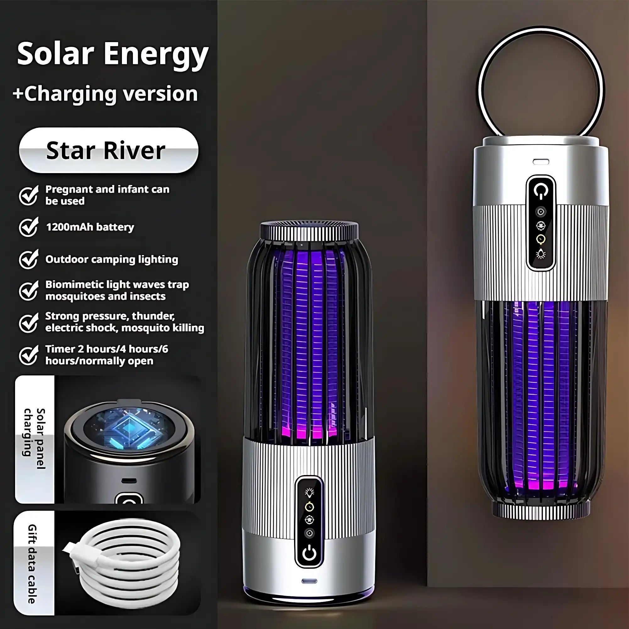 Upgraded LED UV Mosquito Insect Trap - Solar Electric Fly Zapper for Yard/Camping/Home