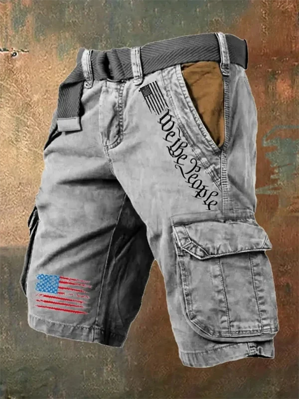 Men's Vintage Flag Independence Day Multi-Pocket Cargo Shorts