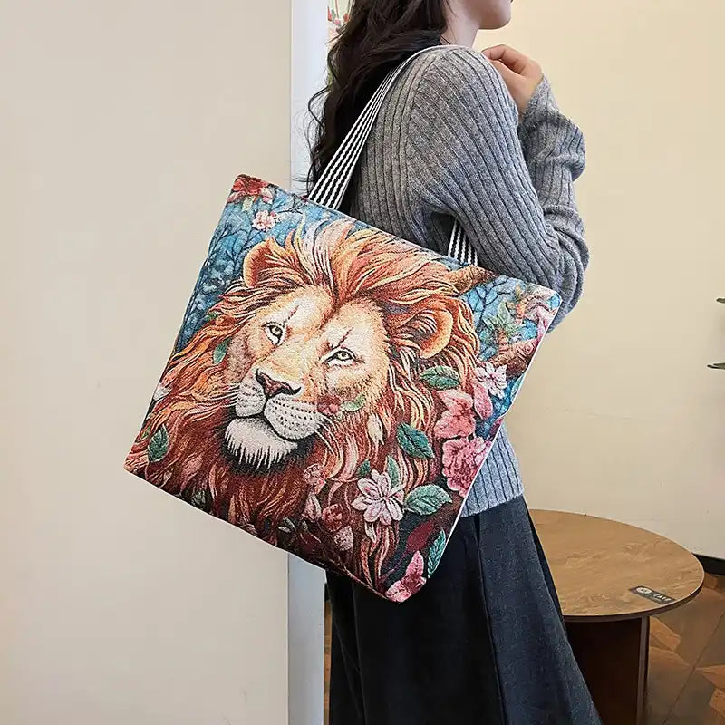 Vintage Lion Head Island Canvas Tote Embroidered Handbag