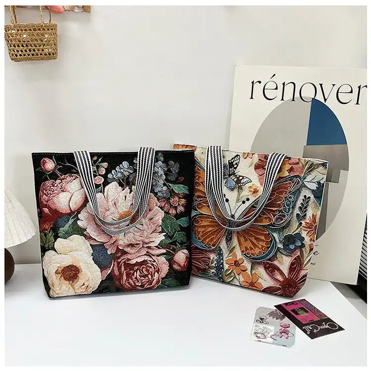 Vintage Lion Head Island Canvas Tote Embroidered Handbag