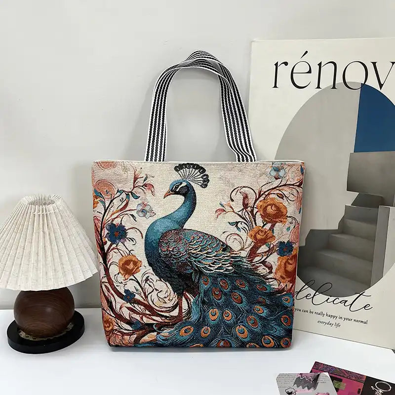 Vintage Lion Head Island Canvas Tote Embroidered Handbag