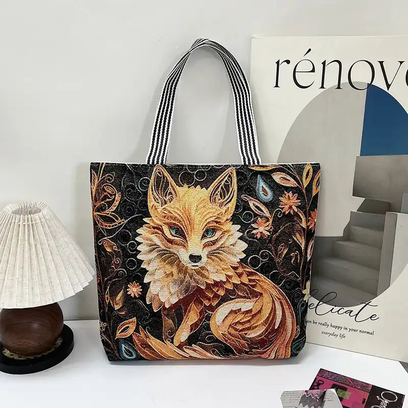 Vintage Lion Head Island Canvas Tote Embroidered Handbag