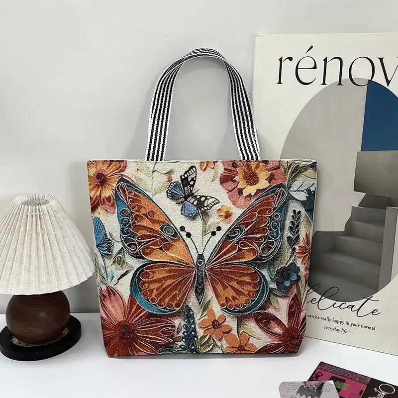 Vintage Lion Head Island Canvas Tote Embroidered Handbag