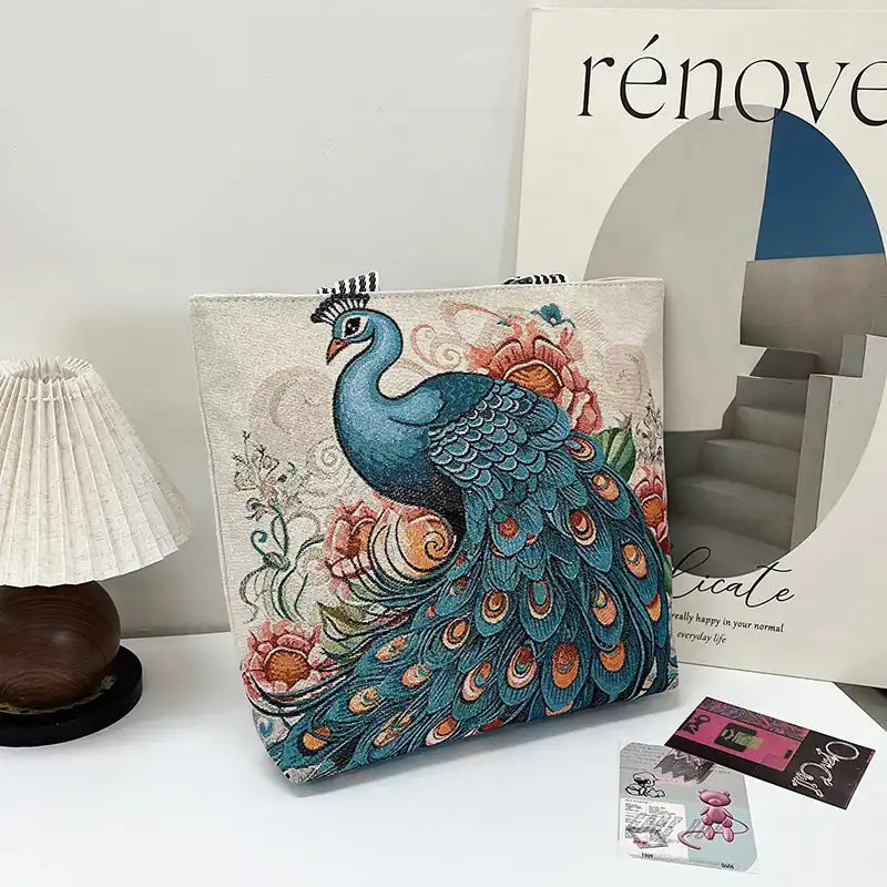 Vintage Lion Head Island Canvas Tote Embroidered Handbag