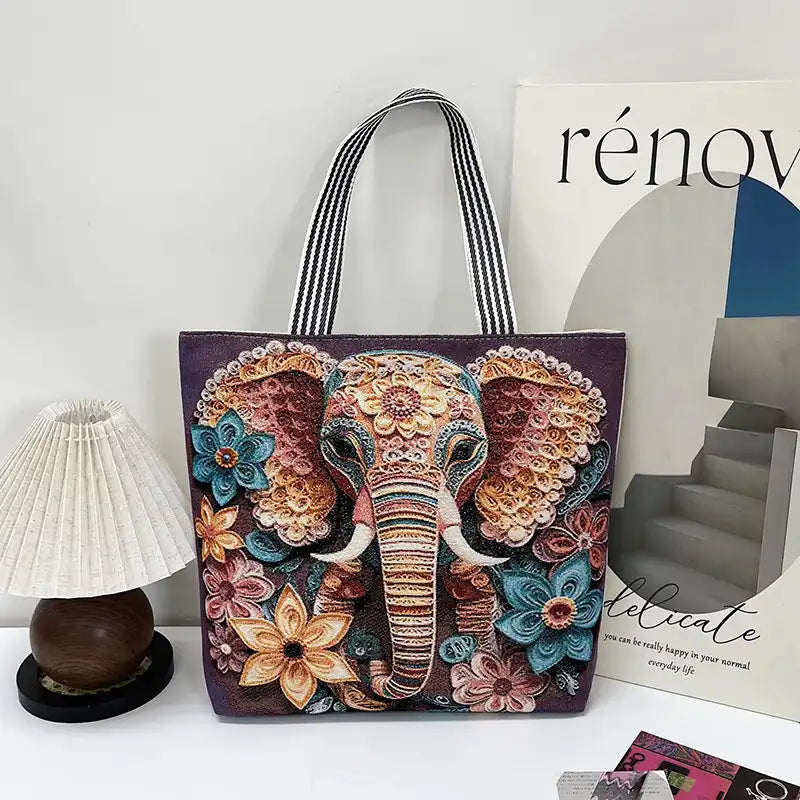 Vintage Lion Head Island Canvas Tote Embroidered Handbag