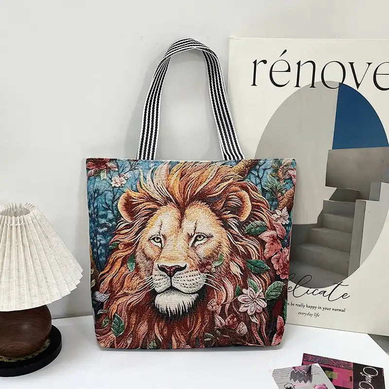 Vintage Lion Head Island Canvas Tote Embroidered Handbag