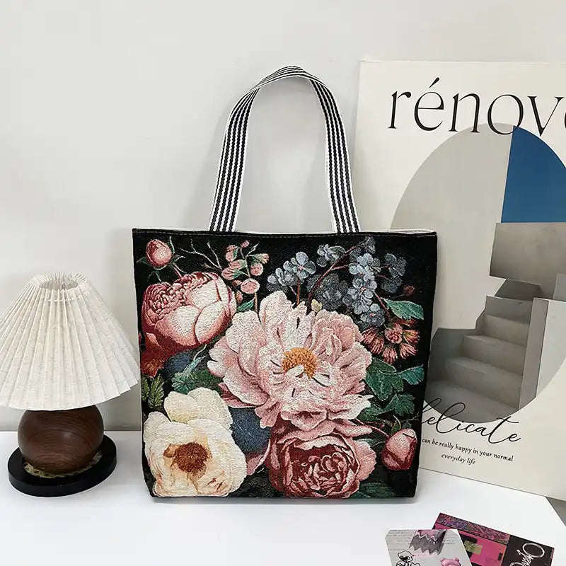 Vintage Lion Head Island Canvas Tote Embroidered Handbag