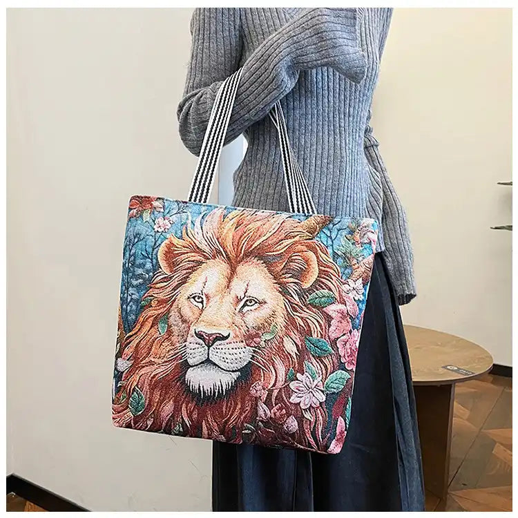 Vintage Lion Head Island Canvas Tote Embroidered Handbag
