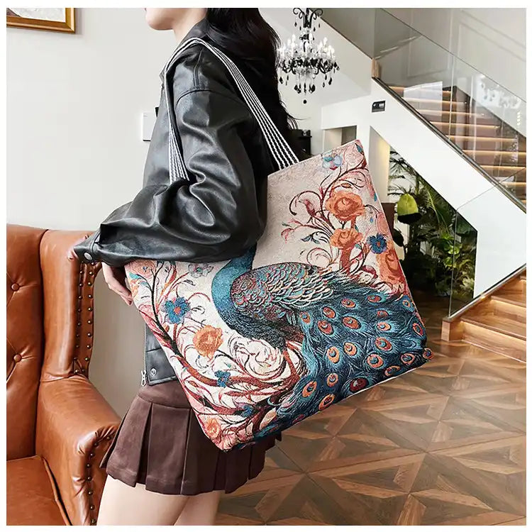 Vintage Lion Head Island Canvas Tote Embroidered Handbag