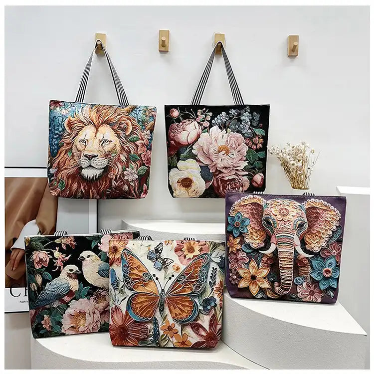 Vintage Lion Head Island Canvas Tote Embroidered Handbag