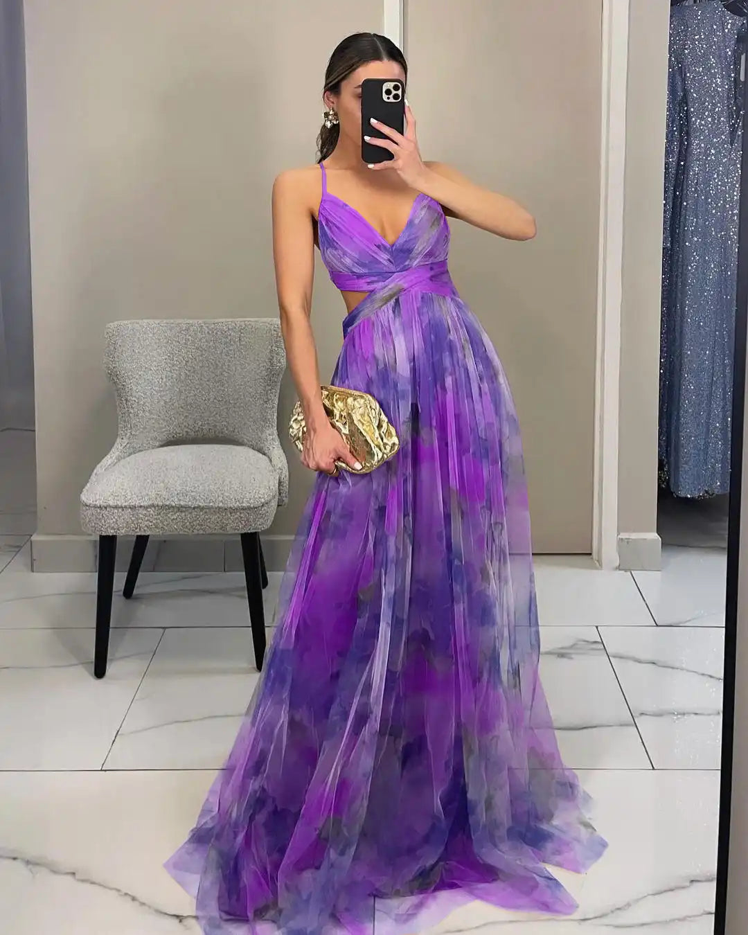 Watercolor Floral V-Neck Sundress - Sheer A-Line with Adjustable Back Tie