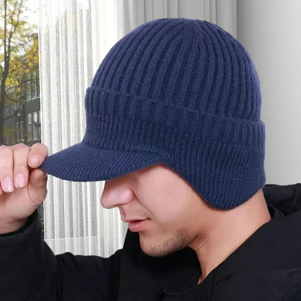 Windproof Thermal Knit Beanie with Earflaps & Brim - For Cycling, Skiing & Winter