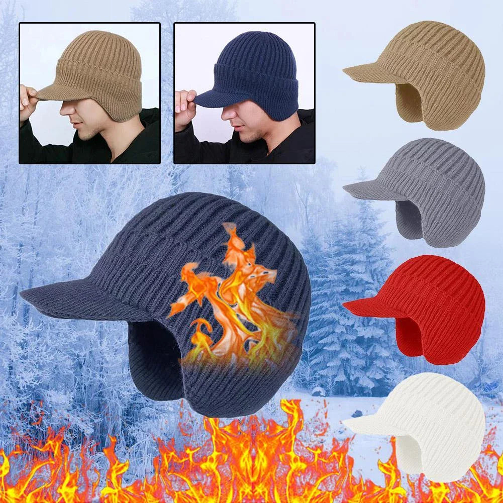 Windproof Thermal Knit Beanie with Earflaps & Brim - For Cycling, Skiing & Winter