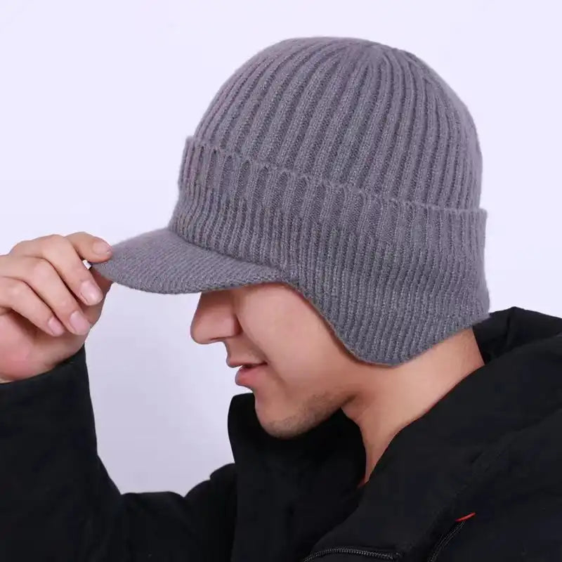 Windproof Thermal Knit Beanie with Earflaps & Brim - For Cycling, Skiing & Winter