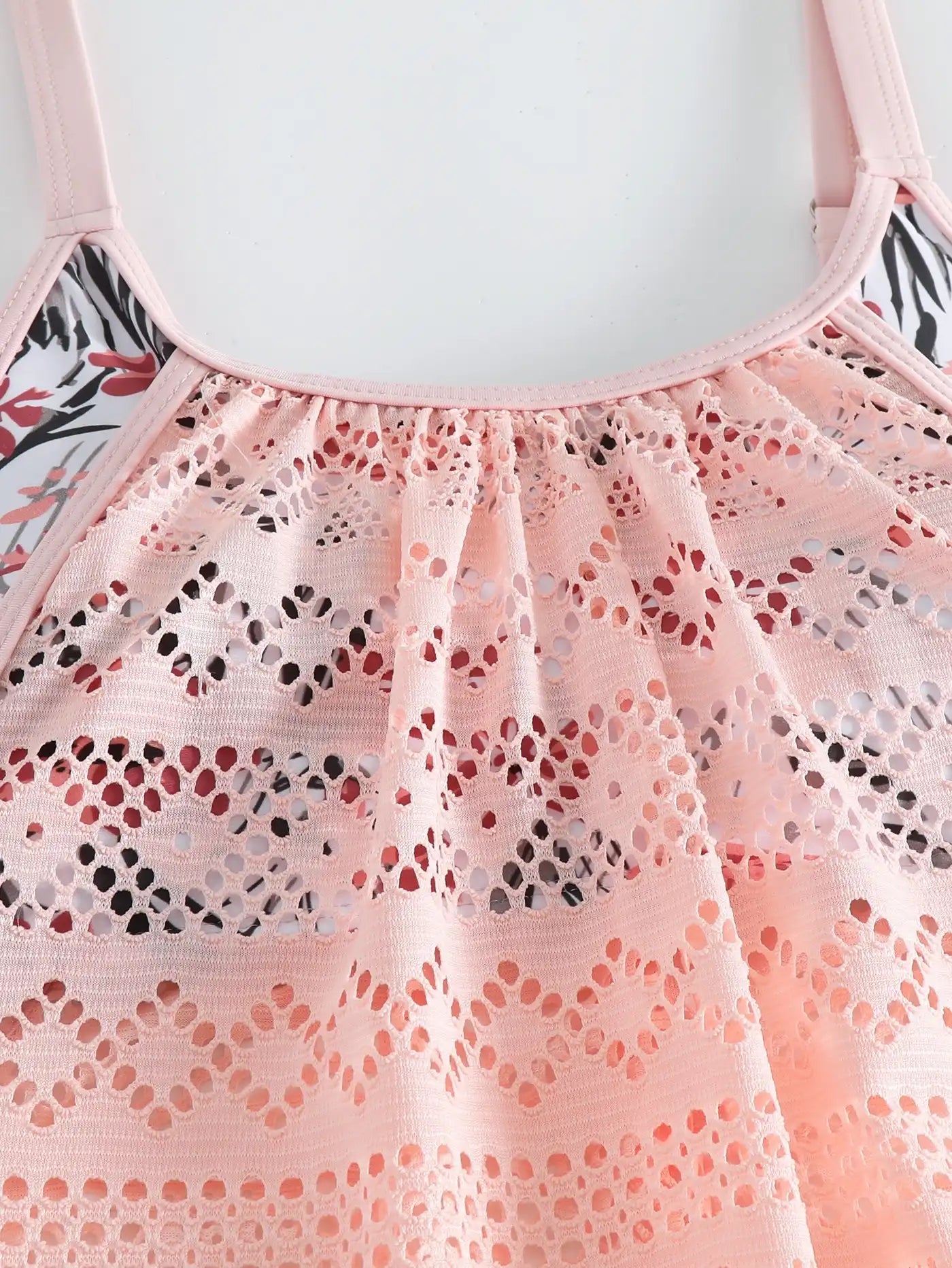 Women's Boho Floral Print Mesh Tankini Set with Suspender Shorts - Sexy Beach Swimwear