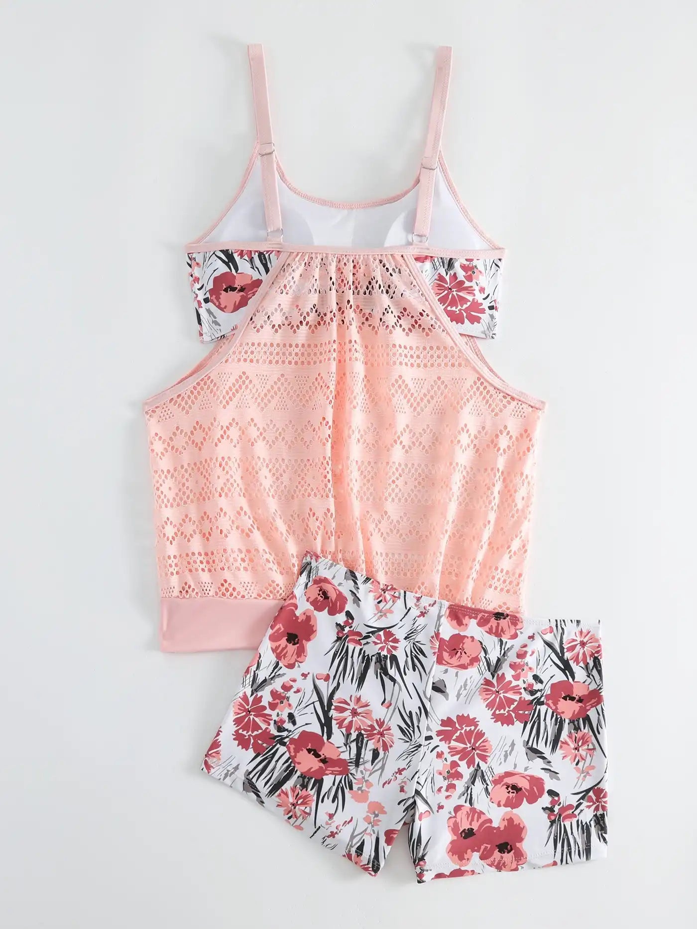 Women's Boho Floral Print Mesh Tankini Set with Suspender Shorts - Sexy Beach Swimwear