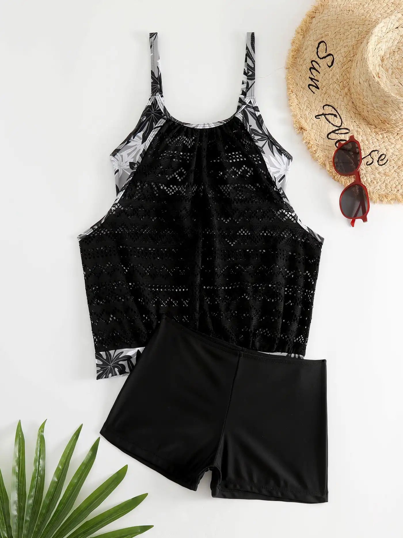 Women's Boho Floral Print Mesh Tankini Set with Suspender Shorts - Sexy Beach Swimwear